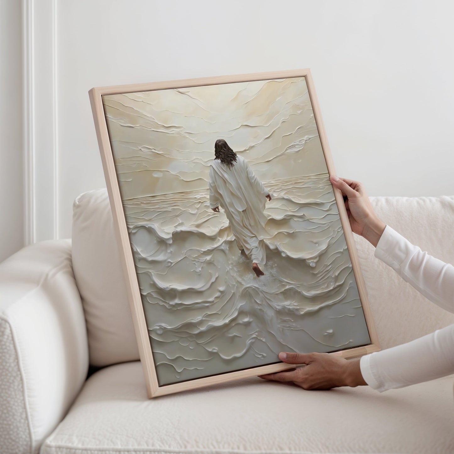 Jesus Walking on Water - Natural Oak Framed Canvas